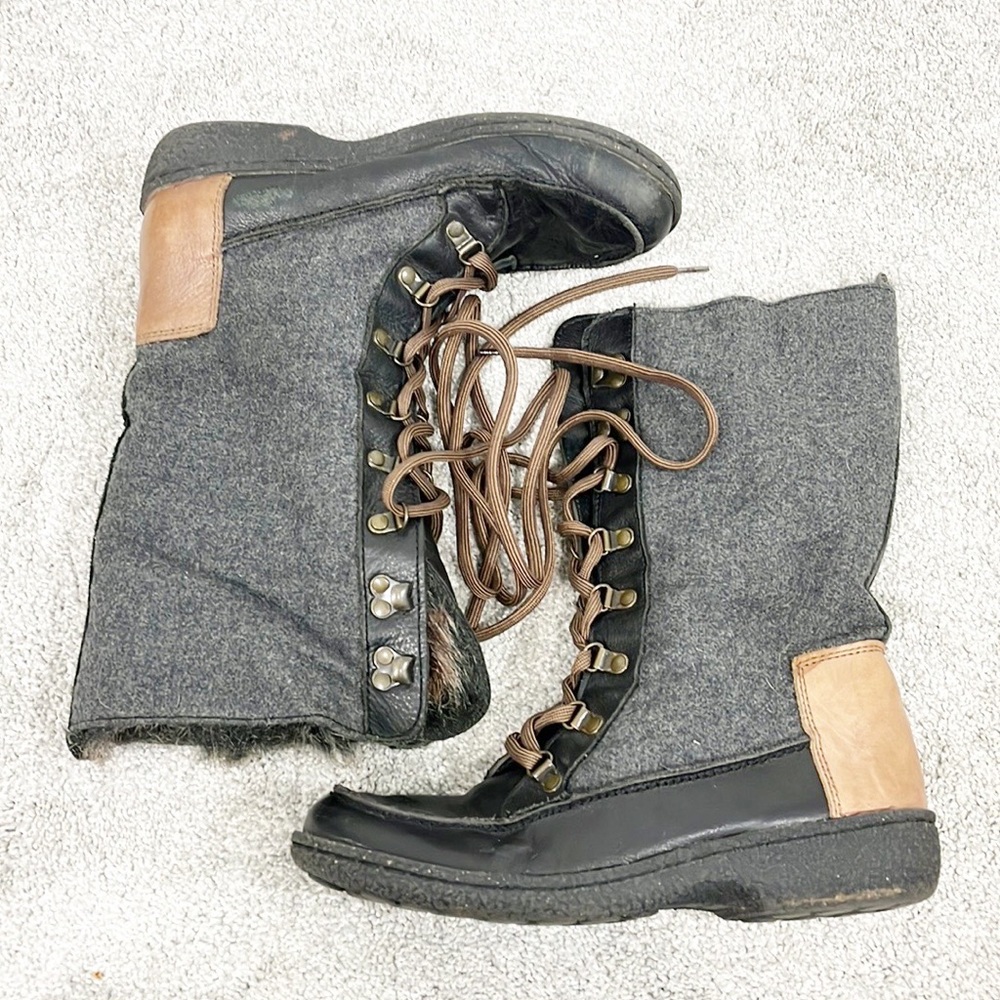 Sam Edelman Size 7.5 Black and Gray Faux Fur Lace Up Boots